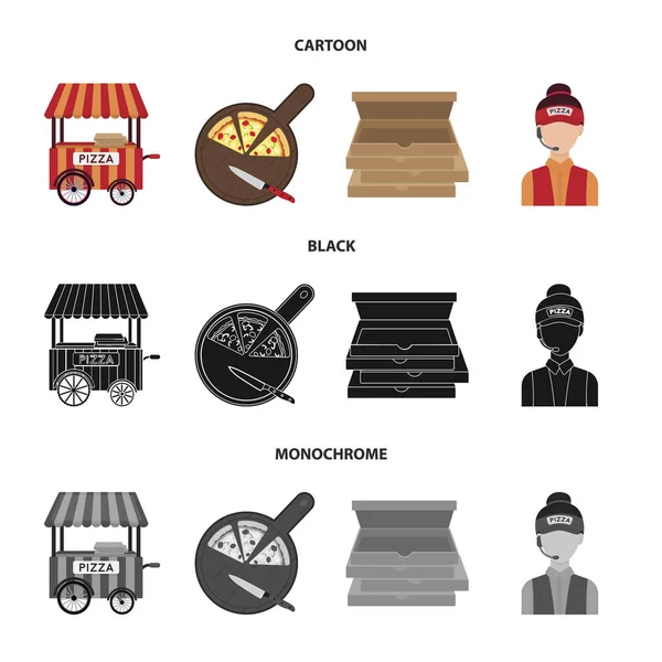 Remolque móvil, tabla de cortar para pizza, cajas, vendedor. Conjunto de iconos de la colección de pizza y pizzería en dibujos animados, negro, estilo monocromo símbolo vectorial stock illustration web . — Archivo Imágenes Vectoriales