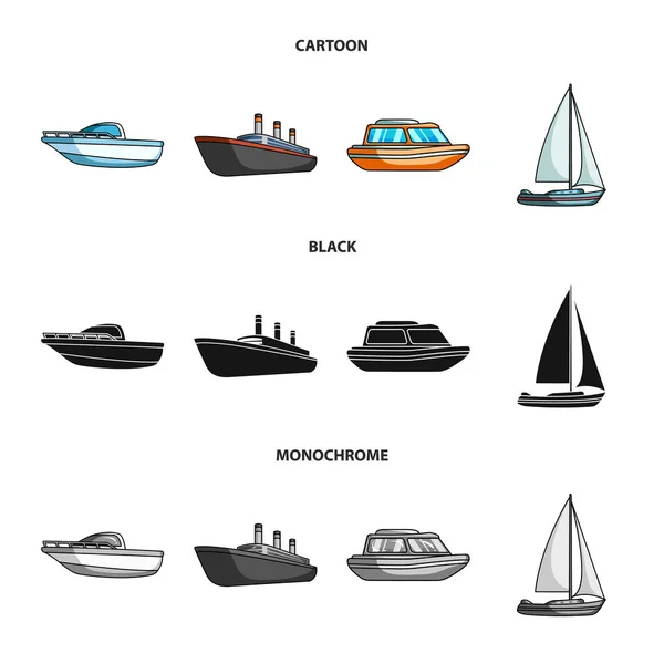 เรือป้องกัน, เรือชูชีพ, เรือบรรทุกสินค้า, เรือสปอร์ต.เรือและการขนส่งทางน้ําชุดสะสมไอคอนในการ์ตูน, สีดํา, สัญลักษณ์เวกเตอร์สไตล์โมโนโครม . — ภาพเวกเตอร์สต็อก