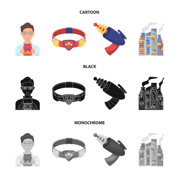 Hombre, joven, gafas, y otro icono de la web en dibujos animados, negro, estilo monocromo. Superman, cinturón, iconos de armas en la colección de conjuntos . — Vector de stock