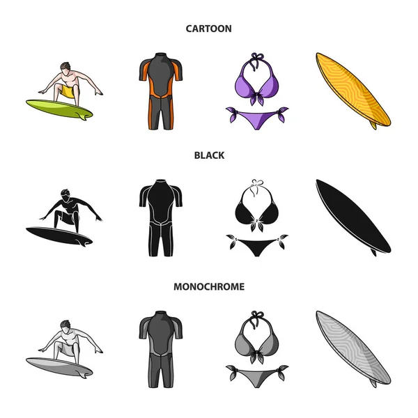 Сёрфер, гидрокостюм, бикини, доска для серфинга. Иконки коллекции серфинга в мультипликационном, черном, монохромном стиле . — стоковый вектор