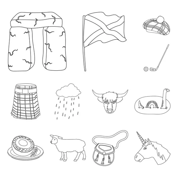 País Escócia ícones esboço na coleção de conjuntos para o design. Visitas guiadas, cultura e tradição símbolo vetorial ilustração web . — Vetor de Stock