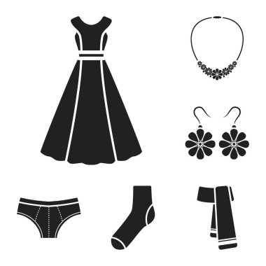 Giysi ve aksesuarları set koleksiyonu tasarım için simgeler siyah. Ayakkabı ve dekorasyon sembol stok web illüstrasyon vektör.
