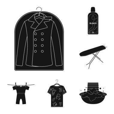 Kuru Temizleme donanımları siyah set koleksiyonu tasarım için simgeler. Yıkama ve giyim Ütü sembol stok web illüstrasyon vektör.