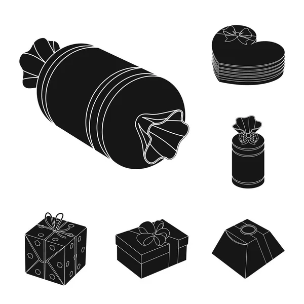 Iconos negros del regalo y del embalaje en colección del sistema para la ilustración de la tela del símbolo del vector del embalaje del diseño. . — Vector de stock