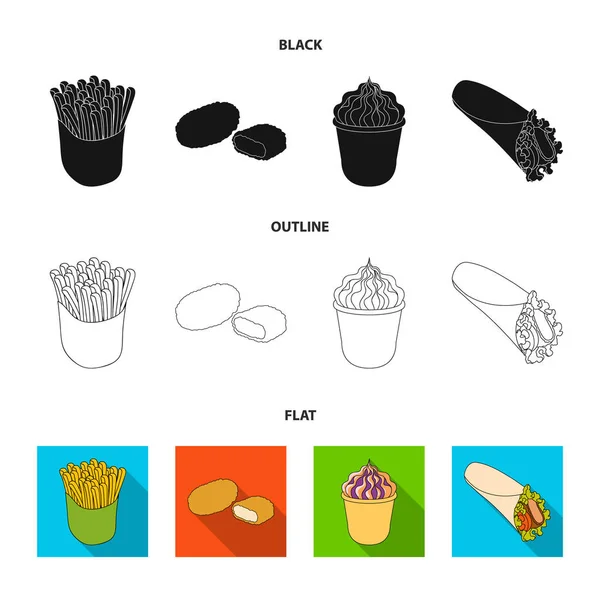 Mat och förfriskningar, snacks och andra web-ikonen i svart, platt, beskriva stil. Förpackningar, papper, potatis ikoner i set samling. — Stock vektor