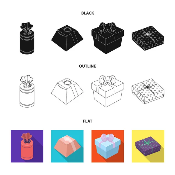 Pudełko z kokardą, torba prezent. Prezenty i certyfikaty zestaw kolekcji ikon w czarne, płaskie, www ilustracji symbol wektor zarys styl. — Wektor stockowy