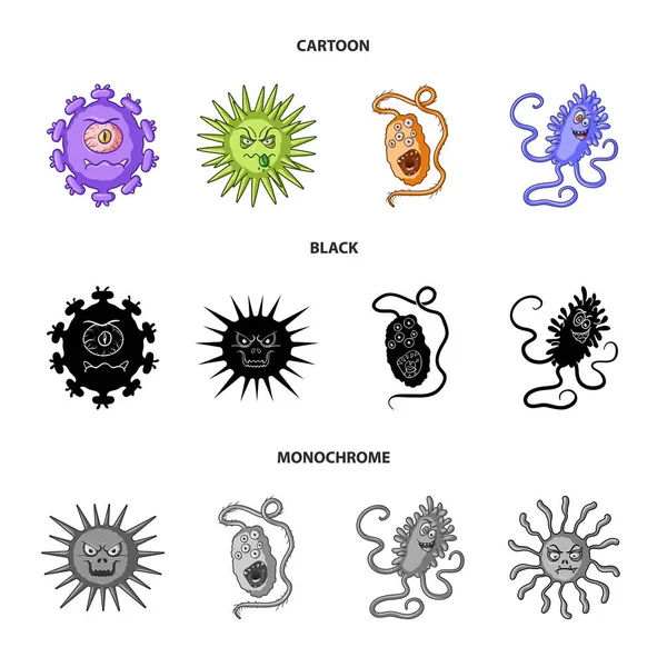 Diferentes tipos de microbios y virus. Los virus y bacterias establecen iconos de colección en dibujos animados, negro, el estilo monocromo vector símbolo stock ilustración web . — Vector de stock