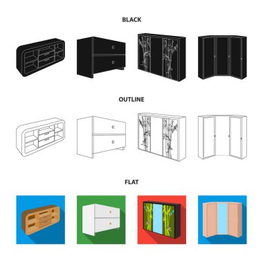 Çekmeceli, ayna, köşe dolap, beyaz göğüs ile dolap. Yatak Odası Mobilya koleksiyonu Icons set siyah, düz, anahat stili vektör simge stok çizim web.