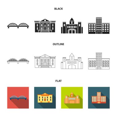 Müze, köprü, kale, hastane. Binada toplama simgeler siyah, düz, anahat stili vektör simge stok çizim web.