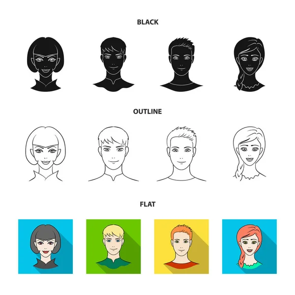 Différents regards de jeunes personnes.Avatar et le visage ensemble icônes de la collection en noir, plat, contour de style vectoriel symbole illustration web . — Image vectorielle