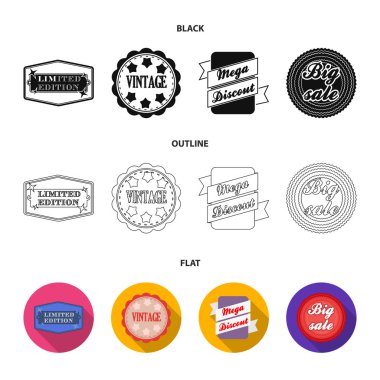 Sayılı seri, vintage, mega discont, kazmak Satılık. Etiket, koleksiyon Icons set siyah, düz, anahat stili vektör simge stok çizim web.