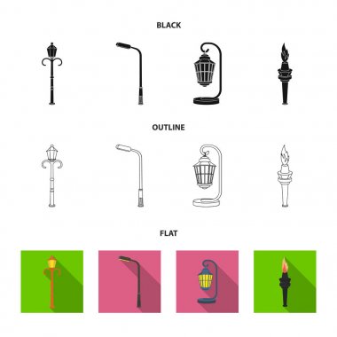 Retro tarzı, modern fener, meşale ve diğer tip-in sokak sokak lâmbası direği. Elektrik direği koleksiyonu Icons set siyah, düz, anahat stili vektör simge stok çizim web.