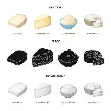 Gruyere, camembert, mascarpone, gorgonzola. Farklı peynir toplama simgeler çizgi film, siyah, tek renkli stil vektör simge stok çizim web içinde ayarla..