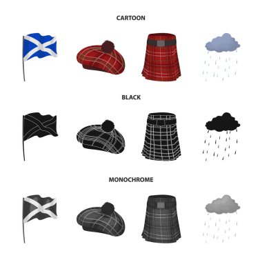 Bayrak, İskoç eteği, yağışlı hava, cap. İskoçya ülke toplama simgeler çizgi film, siyah, tek renkli stil vektör simge stok çizim web içinde ayarla..