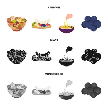 Çeşitli fındık, meyve ve diğer gıda. Yiyecek toplama simgeler çizgi film, siyah, tek renkli stil vektör simge stok çizim web içinde ayarla..