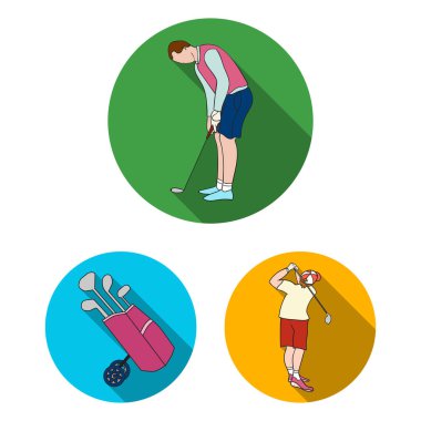 Golf ve öznitelikleri set koleksiyonu tasarım için simgeleri düz. Golf Kulübü ve ekipman sembol stok web illüstrasyon vektör.