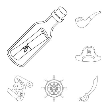 Korsan, deniz soyguncu anahat simgeleri set koleksiyonu tasarım için. Hazineler, öznitelikleri sembol stok web illüstrasyon vektör.