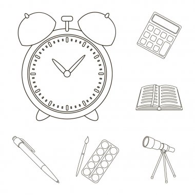 Set koleksiyonu tasarım için okul ve eğitim anahat simgeleri. Üniversite, ekipman ve aksesuarları sembol stok web illüstrasyon vektör.