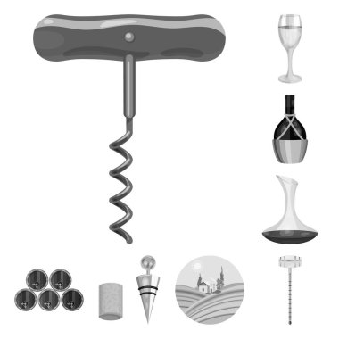 Şarap ürünleri set koleksiyonu tasarım için tek renkli simgeler. Sembol stok web illüstrasyon vektör ekipman ve şarap üretimi.