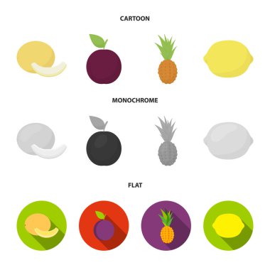 Karpuz, Erik, ananas, limon. Meyve küme toplama simgeler karikatür, düz, tek renkli stil vektör simge stok çizim web.