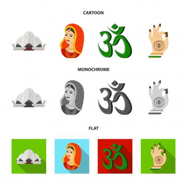 Ülke Hindistan karikatür, set koleksiyonu tasarım için düz, tek renkli simgeler. Hindistan ve dönüm noktası sembol stok web illüstrasyon vektör.