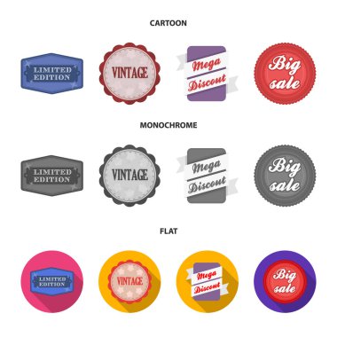 Sayılı seri, vintage, mega discont, kazmak Satılık. Etiket, çizgi film, koleksiyon icons set düz, tek renkli stil vektör simge stok çizim web.