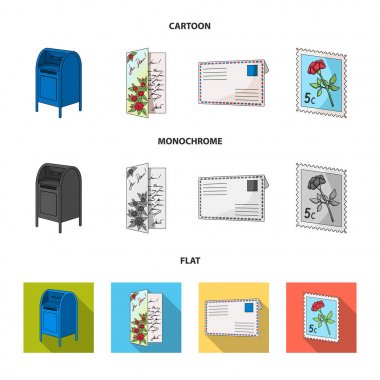 Posta kutusu, tebrik kartı, posta pulu, zarf. Çizgi film, düz posta ve postacı küme toplama simgeler, tek renkli stil vektör simge stok çizim web.