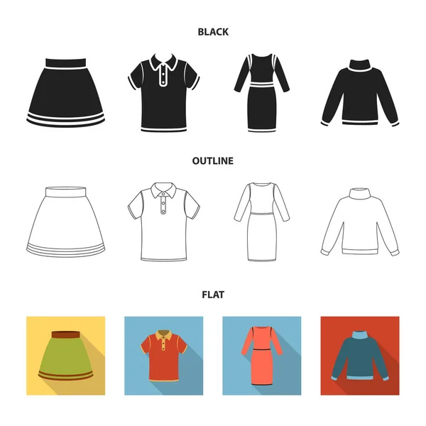 Falda, camiseta, suéter, vestido con mangas largas.Conjunto de ropa iconos de la colección en negro, plano, contorno estilo vector símbolo stock ilustración web . — Vector de stock