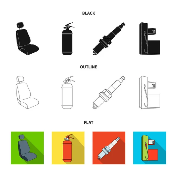 Stuhl mit Kopfstütze, Feuerlöscher, Kerze im Auto, Tankstelle, Auto-Set Sammlungssymbole in schwarz, flach, Umriss Stil Vektor Symbol Stock Illustration Web. — Stockvektor