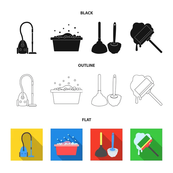 Limpieza y criada negro, plano, iconos de contorno en la colección de conjuntos para el diseño. Equipo para la limpieza vector símbolo stock web ilustración . — Vector de stock