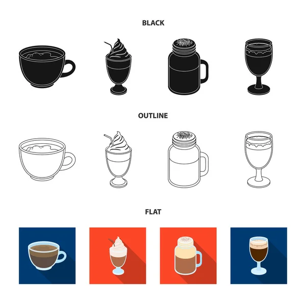 Esprecco, glase, mleka wstrząsnąć, bicerin. Różne rodzaje kawy zestaw kolekcji ikon w czarne, płaskie, www ilustracji symbol wektor zarys styl. — Wektor stockowy