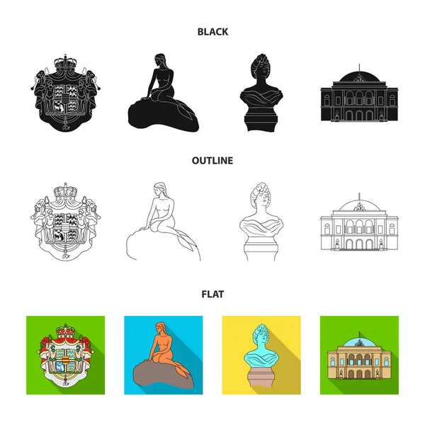 Nacional, símbolo, dibujo, y otro icono de la web en negro, plano, estilo de contorno. Dinamarca, atributos, estilo, iconos en la colección de conjuntos . — Archivo Imágenes Vectoriales