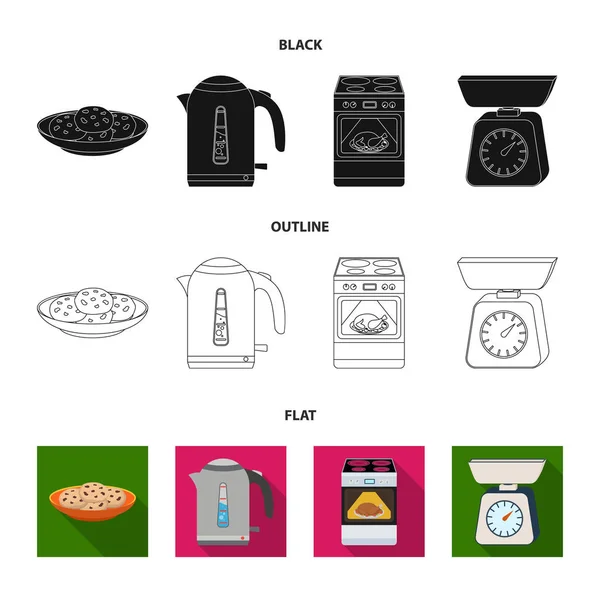 キッチン機器ブラック、フラットなデザインのセットのコレクションのアイコンを概説します。キッチンとアクセサリーのベクトル シンボル ストック web イラスト. — ストックベクタ