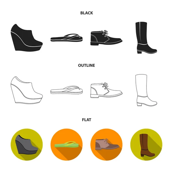 Zapatos negros de otoño en una plataforma alta, chanclas verdes para relajarse, zapatos de otoño de hombres arenosos, botas marrones altas. Zapatos conjunto de iconos de colección en negro, plano, contorno estilo vector símbolo stock — Vector de stock