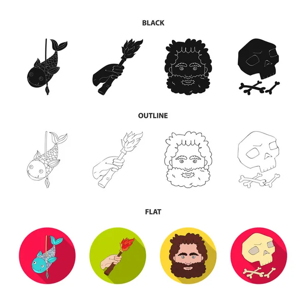 Primitive, fish, spear, torch .Stone age set collection icons in black, flat, outline style vector symbol stock illustration web . — стоковый вектор