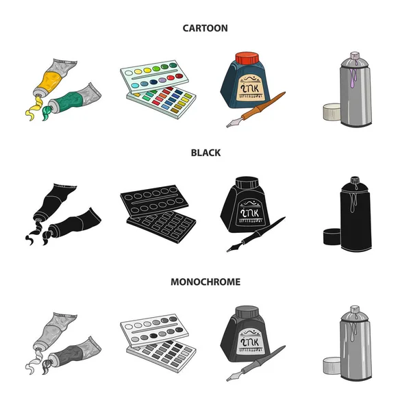 Balonchik paints, tubes with paint, watercolor in a box, ink in a bottle and a pen.Artist and drawing set collection icons in cartoon,black,monochrome style vector symbol stock illustration web. — Stock Vector