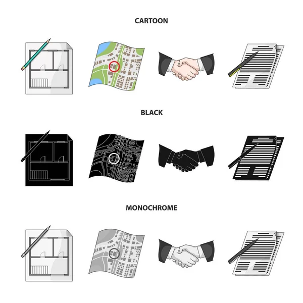 План дома, документы для подписания, рукопожатие, план местности. Realtor set collection icons in cartoon, black, monochrome style vector symbol illustration web . — стоковый вектор