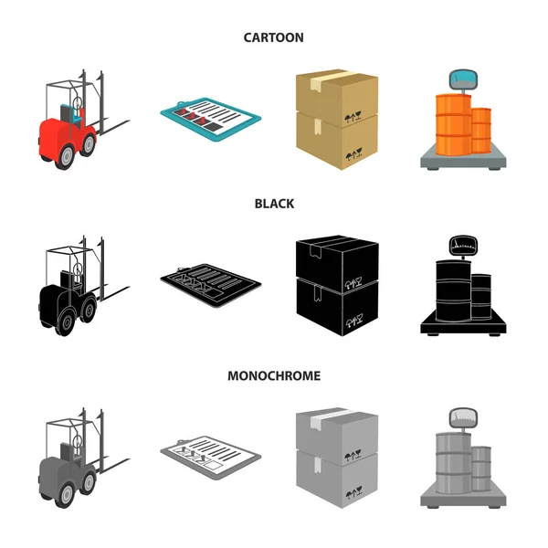 フォーク リフト、納品伝票、パッケージ商品、体重計の貨物。物流・納品漫画、黒、白黒スタイル等尺性のベクトル シンボル ストック イラスト web コレクションのアイコンを設定. — ストックベクタ