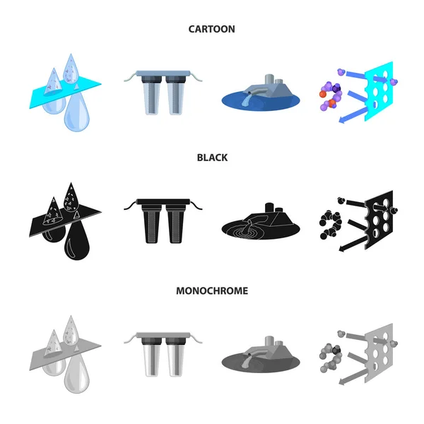 Filtro, filtración, naturaleza, eco, bio. Sistema de filtración de agua conjunto de iconos de colección en dibujos animados, negro, estilo monocromo vector símbolo stock ilustración web . — Archivo Imágenes Vectoriales