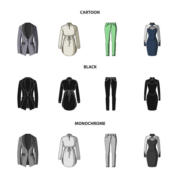 Vrouwen kleding tekenfilm, zwart, zwart-wit pictogrammen in set collectie voor design. Variëteiten van de kleding en accessoires symbool voorraad web vectorillustratie. — Stockvector