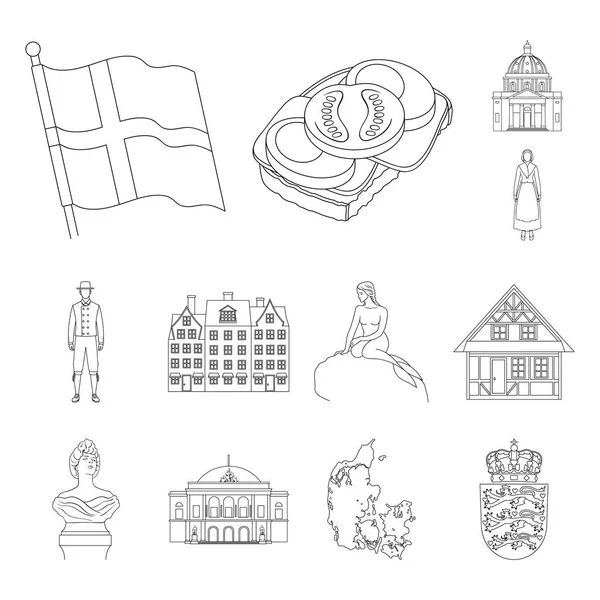 País Dinamarca esboza iconos en la colección de conjuntos para el diseño. Viajes y atracciones Dinamarca vector símbolo stock web ilustración . — Vector de stock