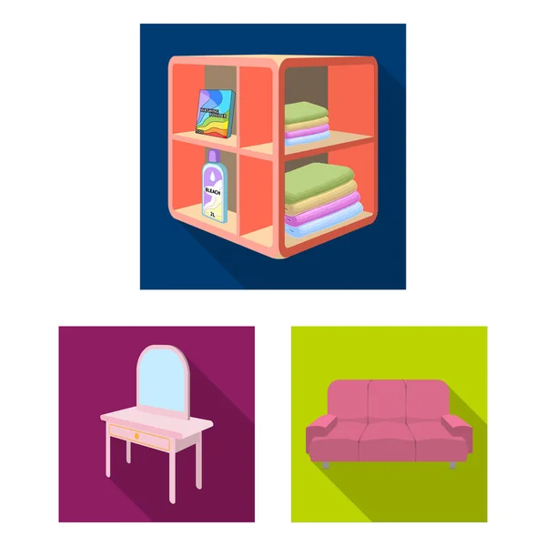 Muebles e iconos planos interiores en colección de conjuntos para el diseño. Muebles para el hogar vector isométrico símbolo stock web ilustración . — Archivo Imágenes Vectoriales