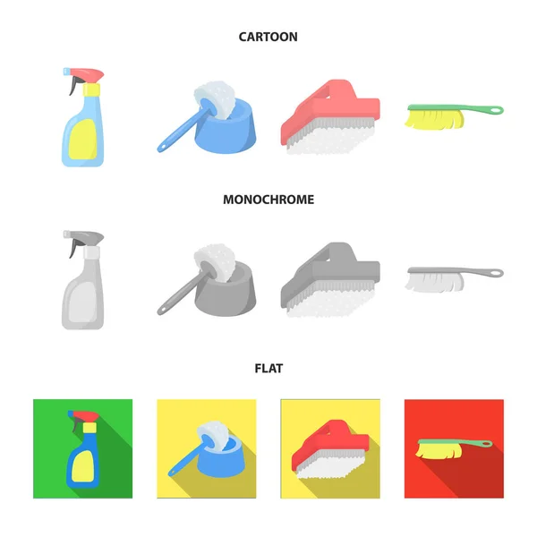 Reinigungs- und Dienstmädchen-Cartoon, flache, monochrome Symbole in Set-Kollektion für Design. Ausrüstung für die Reinigung von Vektorsymbol stock web illustration. — Stockvektor