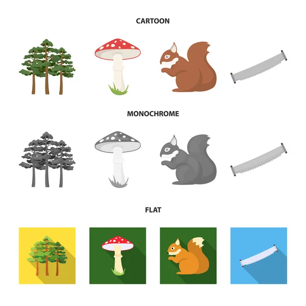 Pinheiro, cogumelo venenoso, árvore, esquilo, serra. Conjunto de floresta ícones de coleção em desenhos animados, plana, estilo monocromático símbolo vetorial web ilustração . — Vetor de Stock