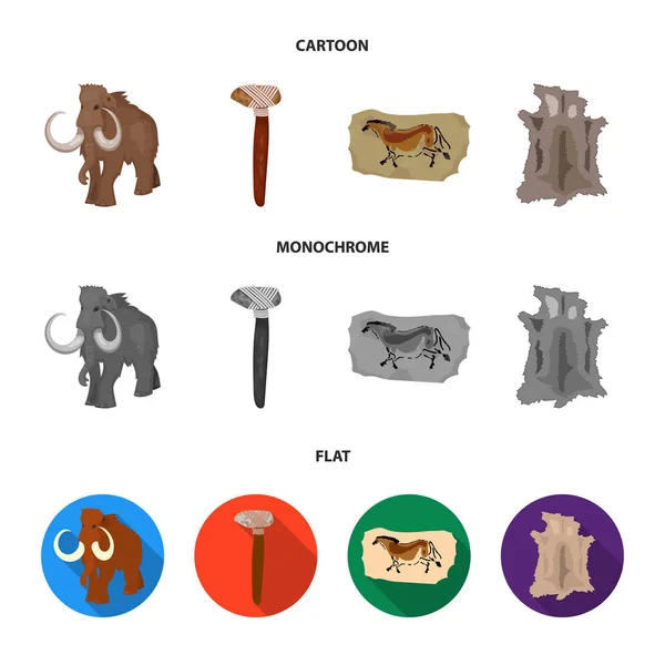 Primitive, mammoth, weapons, hammer .Stone age set collection icons in cartoon, flat, monochrome style vector symbol stock illustration web . — стоковый вектор