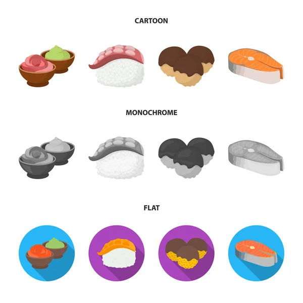 Wasabisoße mit Ingwer, Lachssteak, Tintenfisch. Sushi Set Sammlung Symbole in Cartoon, flach, monochromen Stil Vektor Symbol Stock Illustration Web. — Stockvektor