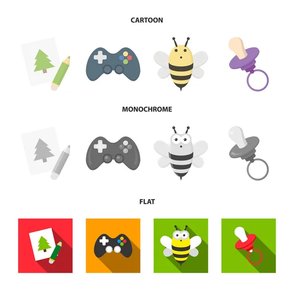 Foto, dzhostik, bee, tepel. Speelgoed ingestelde collectie iconen in de tekenfilm, plat, zwart-wit stijl vector symbool stock illustratie web. — Stockvector