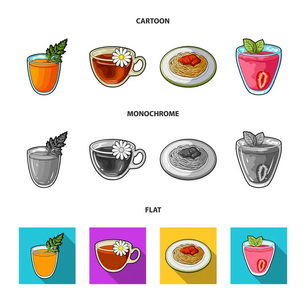 Zumo de zanahoria en un vaso, té de manzanilla en una taza, gachas en un plato, jugo de fresa en un vaso con una hoja. Platos vegetarianos conjunto de iconos de colección en dibujos animados, plano, símbolo vectorial estilo monocromo — Archivo Imágenes Vectoriales