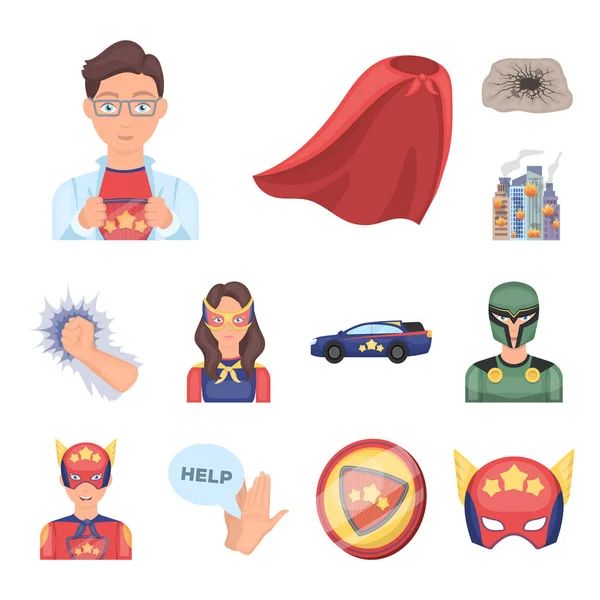En fantastisk superhjälte tecknad ikoner i set insamling för design. Superhjälte utrustning vektor symbol lager web illustration. — Stock vektor