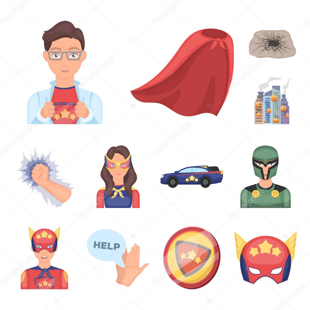 A fantastic superhero cartoon icons in set collection for design. Superhero equipment vector symbol stock illustration.